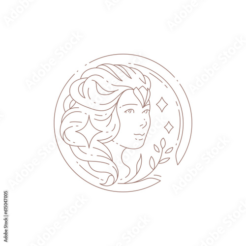Magic fantasy woman beautiful goddess portrait in floral circle frame minimal line logo vector