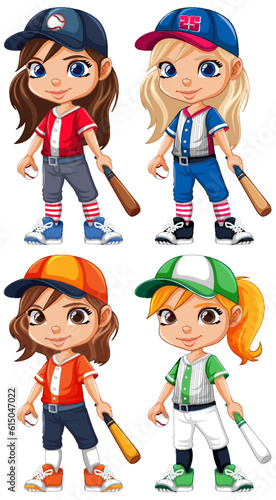 Set of Girls Holding Baseball Bats