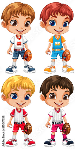 Collection of different kids in baseball outfits