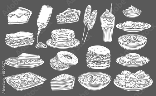 American food and drink glyph icons set vector illustration. White stamps of meal collection isolated on black, different sandwiches and hamburger, cake desserts and pancakes, soup of American cuisine