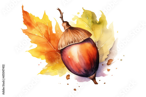 Watercolor acorn among leaves, autumn beautiful season illustration. photo