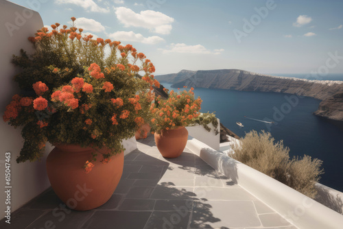 Blooming plants in large clay pots or planters or vases on the terrace of elegant Mediterranean house with sea view in traditional Greek architecture with white walls. Generative AI