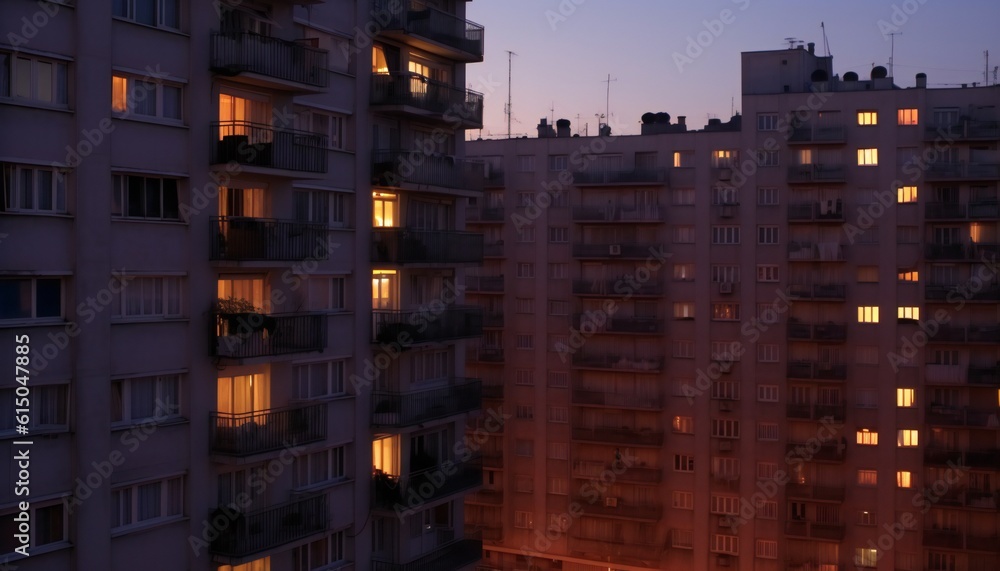 Apartment lights during dusk on blocks building. Generative ai art