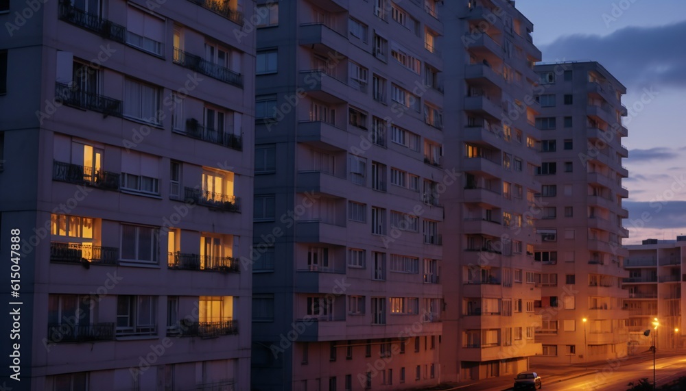 Apartment lights during dusk on blocks building. Generative ai art