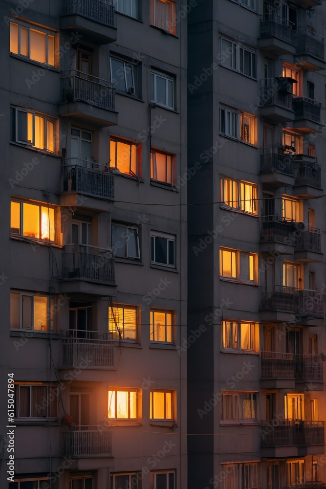 Apartment lights during dusk on blocks building. Generative ai art
