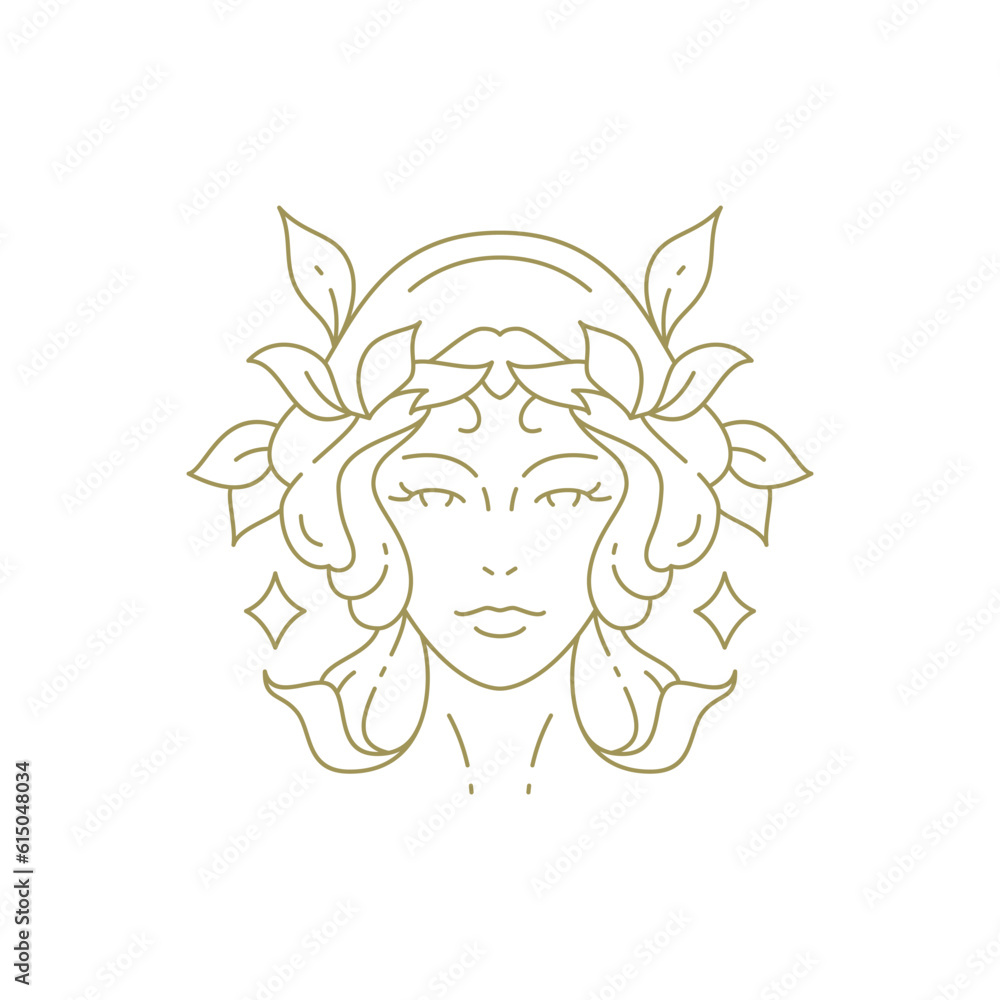 Beauty young woman portrait silhouette floral leaves hairstyle minimal line logo vector illustration