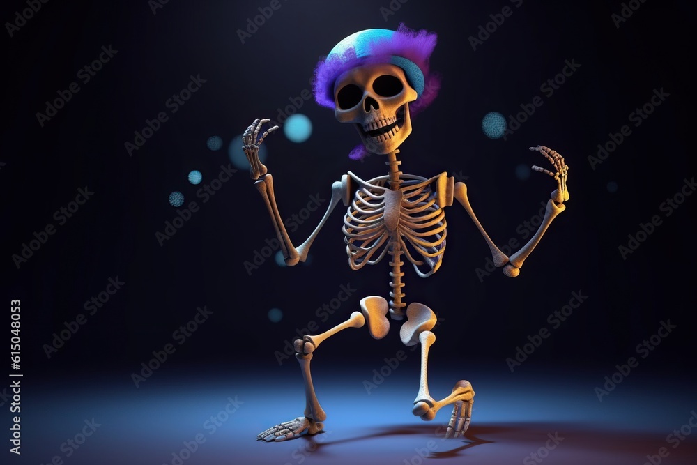 Happy Halloween with funny skeleton cartoon character.  Halloween invitation card. Bright image for a Halloween party. AI generative