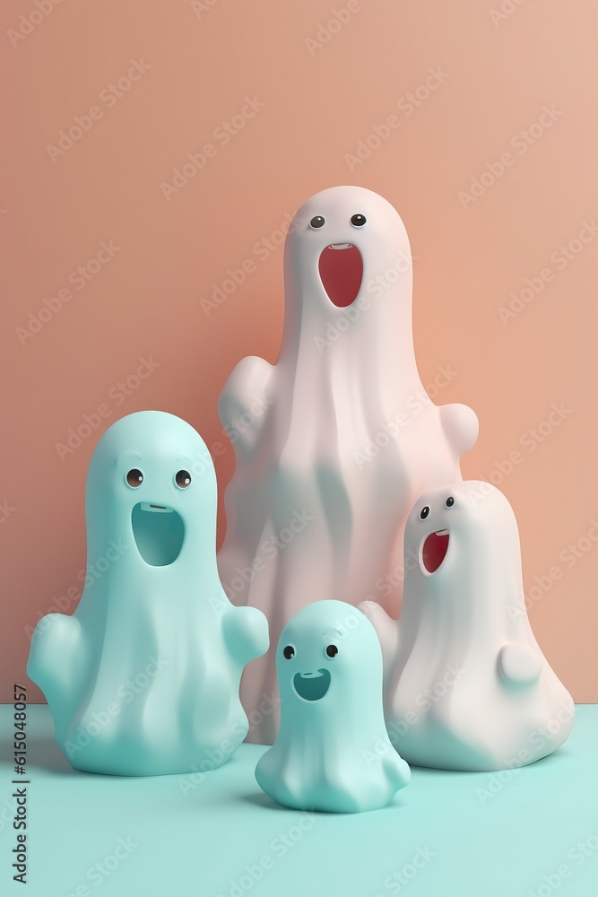 Happy halloween party greeting card with cute ghosts. Holidays cartoon character. Pastel color. illustation for content, banner, poster, greeting card. AI generative Happy halloween party greeting card with cute ghosts. Holidays cartoon character. Pastel color. illustation for content, banner, poster, greeting card. AI generative