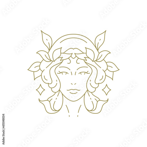 Beauty young woman portrait silhouette floral leaves hairstyle minimal line logo vector illustration