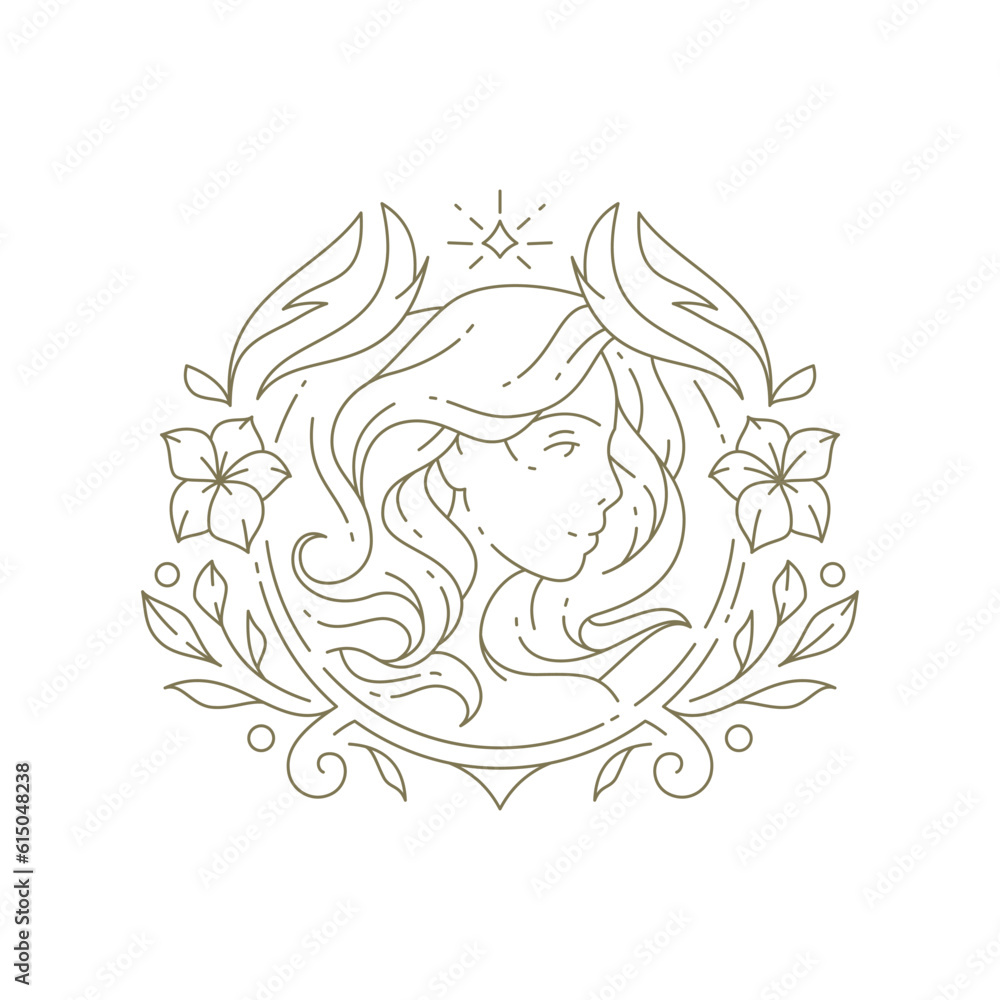 Romantic sacred woman face with bright star flowers blossom minimal line logo vector