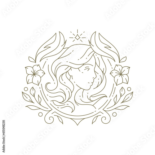 Romantic sacred woman face with bright star flowers blossom minimal line logo vector