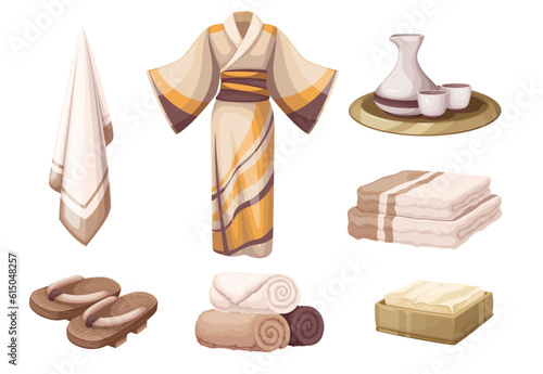 Japanese onsen and bath accessories set vector illustration. Cartoon isolated lifestyle and spa objects collection with bath towel and handmade soap, traditional sandals and kimono, tea pot and cups