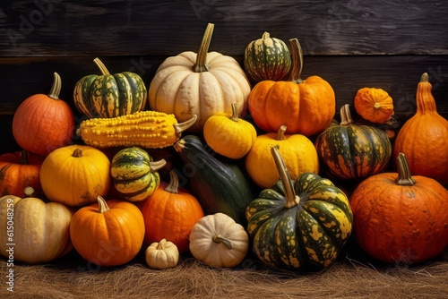 An assortment of colorful pumpkins and gourds, evoking the festive spirit of autumn and the abundance of the harvest season. Generative AI