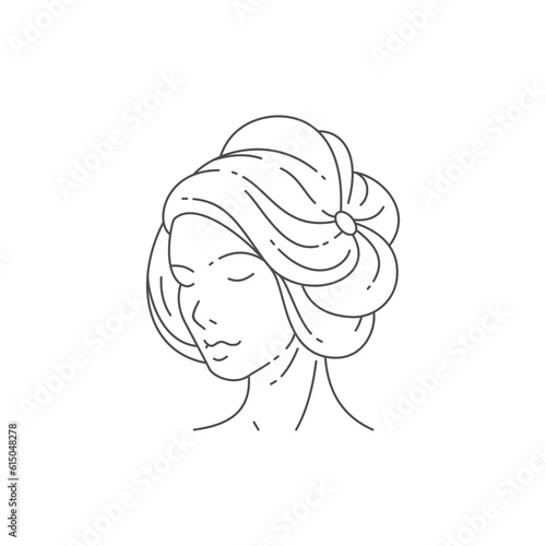 Romantic beauty woman with flower hairstyle premium black minimal line logo for hairdresser vector
