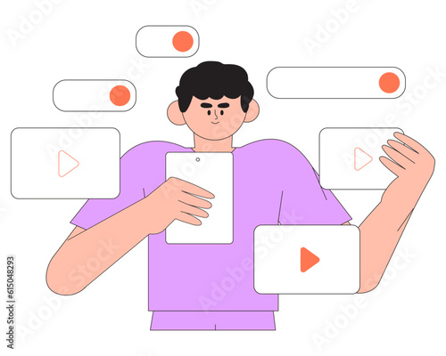 Smm or seo specialist at work. Man post video file or organize content for company or private business. Vector illustration of character edit video for website or launch advertisement campaign.