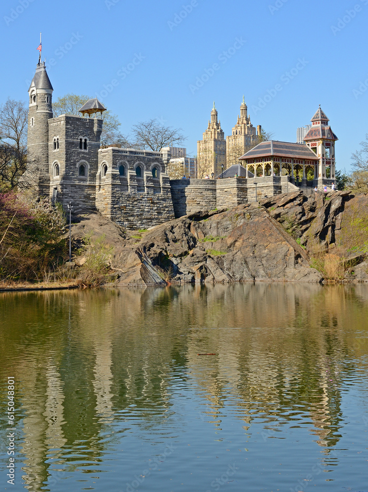 Belvedere Castle (1867-1869) on shore of Turtle Pond in Central Park on spring sunny day, New York City, USA