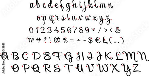 Handwritten decor script alphabet set. Vector decorative typography. Decorative typeset style. Latin script for headers. Trendy letters and numbers for graphic posters, banners, invitations texts