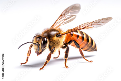 closeup image of a bee on a white background.