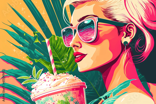 Summer girl pop art portrait retro beach fashion