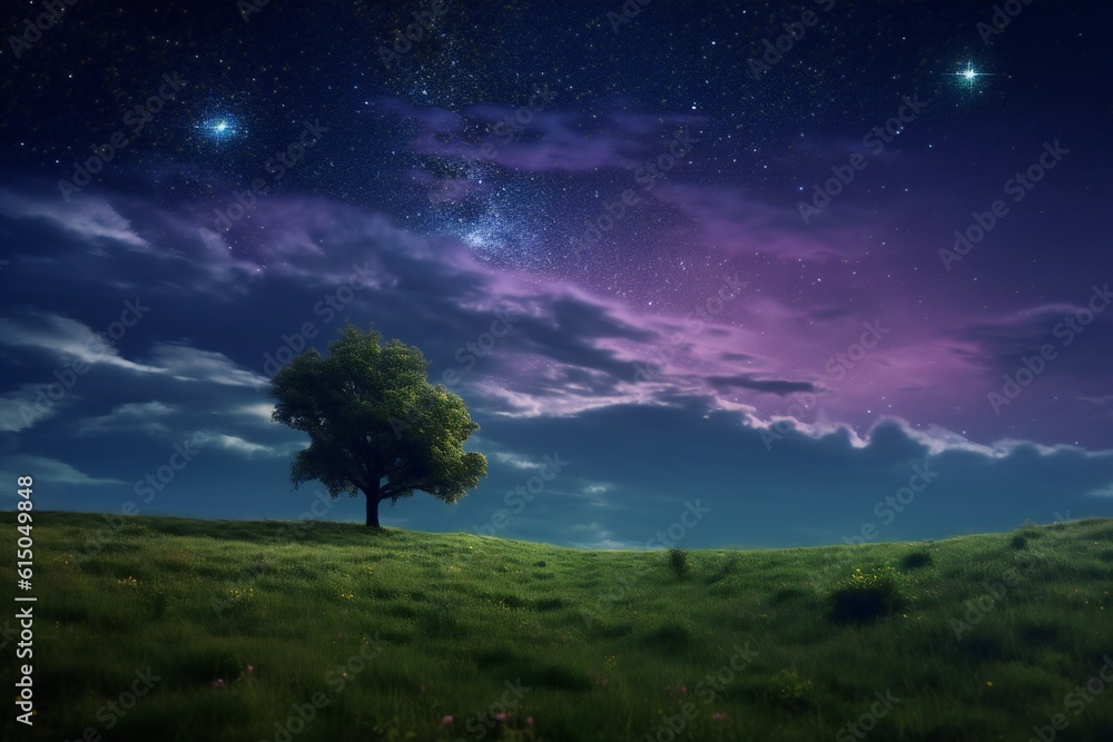 Dark blue indigo sky meets purple cosmic sky under the spell of a starry night sky, a dreamy escape, small tree Generative AI Dark blue indigo sky meets purple cosmic sky under the spell of a starry night sky, a dreamy escape, small tree Generative AI