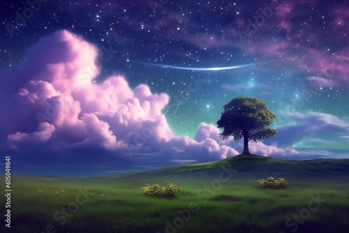 Dark blue indigo sky meets purple cosmic sky under the spell of a starry night sky, a dreamy escape, small tree Generative AI © LayerAce.com