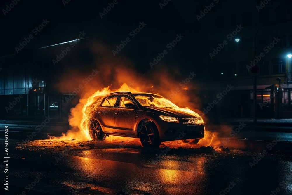 Car on fire at night. Generative AI