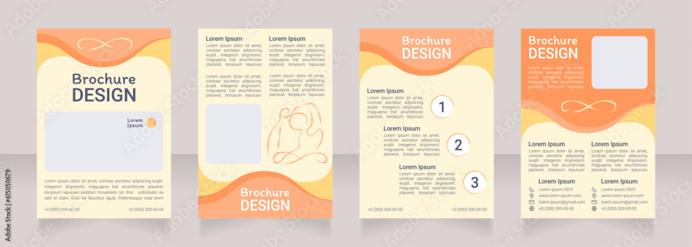 Meditation for wellness blank brochure design. Template set with copy space for text. Premade corporate reports collection. Editable 4 paper pages. Roboto Light, Medium, Itim Regular fonts used