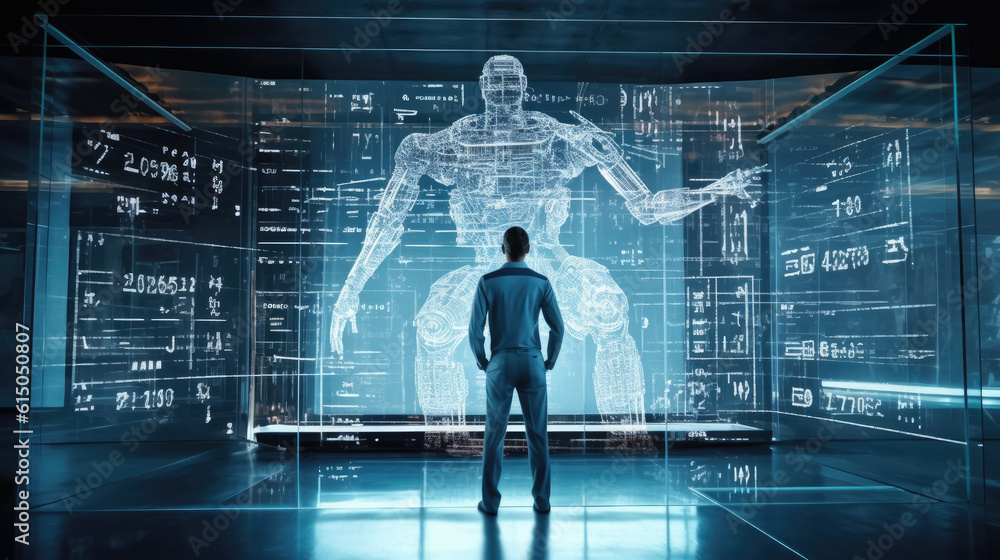 generative AI illustration that shows a technician standing in front of a large digital screen that displays a holographic diagram of a massive robot generative AI illustration that shows a technician standing in front of a large digital screen that displays a holographic diagram of a massive robot