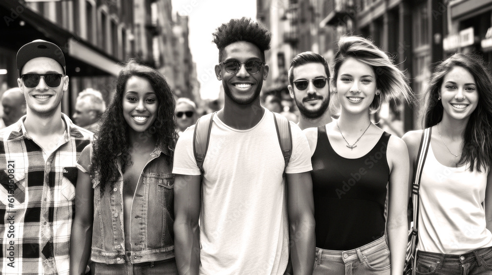 People of NY Street Photography. Summer in NYC; a diverse crowd of hipsters paint a black and white mosaic, each contributing their unique style and spirit. Generative AI People of NY Street Photography. Summer in NYC; a diverse crowd of hipsters paint a black and white mosaic, each contributing their unique style and spirit. Generative AI
