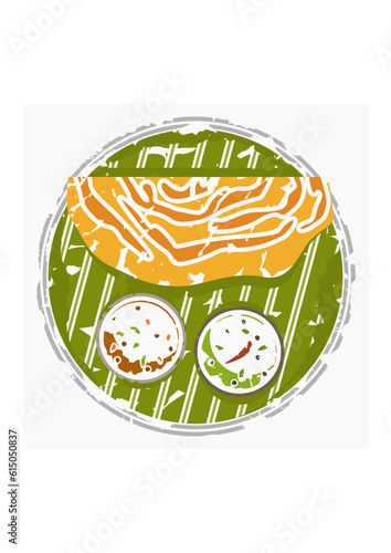 Editable Top View Brush Strokes Style Indian Masala Dosa With Chutney and Sambar on Plate Vector Illustration for Artwork of Cuisine Related Design With South Asian Culture and Tradition