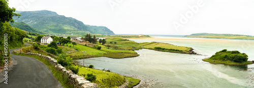 Photography Panorama. View of the Atlantic ocean beach, mountains, village.