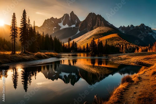 Broken Top reflect over the calm waters of Sparks Lake at sunrise in the Cascades Range in Central Oregon, USA in an early morning light. Morning mist rises from lake into trees