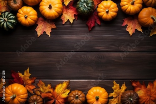 Flat lay of many colorful pumpkins and maple leaves frame on wooden background with copy space. Generative AI