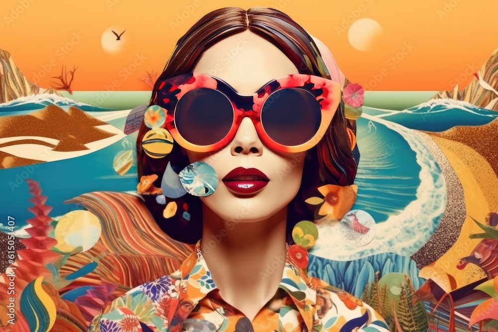 Fashion Girl with Sun Glasses in the beach. Retro Effect. Generative AI Fashion Girl with Sun Glasses in the beach. Retro Effect. Generative AI