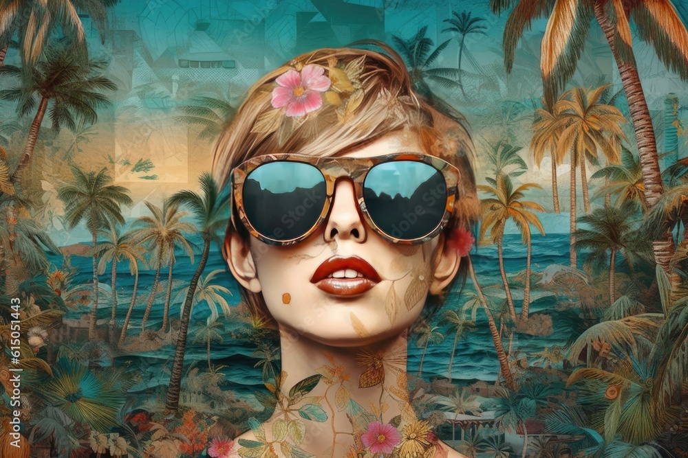 Fashion Girl with Sun Glasses in the beach. Retro Effect. Generative AI Fashion Girl with Sun Glasses in the beach. Retro Effect. Generative AI