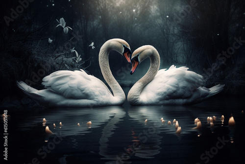 Fototapeta Naklejka Na Ścianę i Meble -  Animal, wildlife, love and fantasy concept. Two white swans in love swimming in lake. Swans making heart shape from necks in dreamlike and magical background with copy space. Generative AI