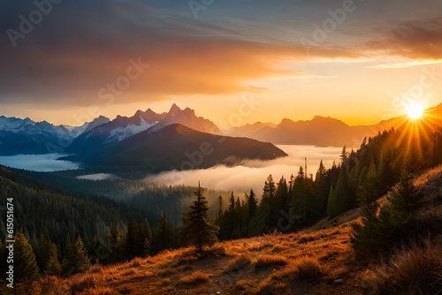 Sunrise over Swiss mountains in autumn. Generative AI  © Ahtesham