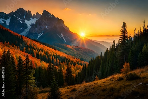 Sunrise over Swiss mountains in autumn. Generative AI 