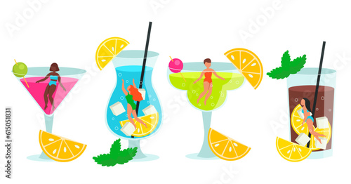 Set of different popular cocktails with floating girls inside the glass. Vector graphic.