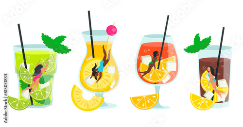 Set of different popular cocktails with floating girls inside the glass. Vector graphic.