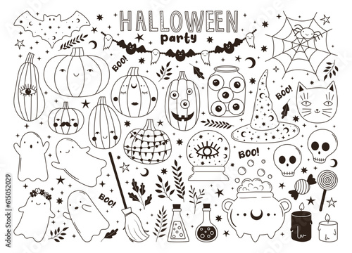 Vector collection of cute outline halloween doodles. Hand drawn magic characters. Line drawings of bat, pumpkin, ghost, witch hat, cauldron, skull. Sketch elements for card, poster, invitation design