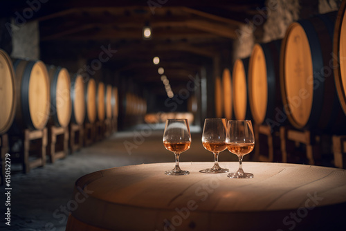 Print op canvas Aged golden fortified wine in the wine glass on background of wooden barrels in cellar of winery