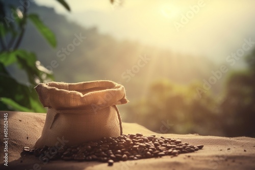 Bag of Fresh Roasted Coffee Beans on Nature Background Created with Generative AI
