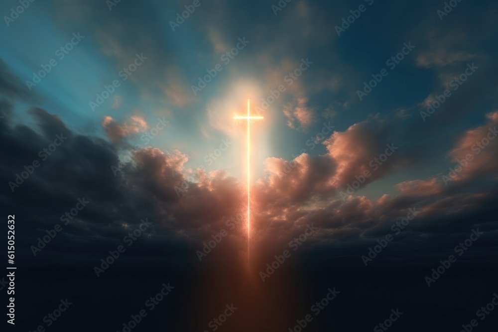Obraz premium Cross made of bright light in the sky. The cross breaks through the clouds. Generative AI