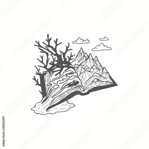 Handdrawn landscape illustration, Nature artwork, Mountains, Drawing, Nature design, Tattoo handdrawn, Book illustration