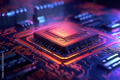 Modern technologies. Close-up of a microchip inside a computer. Generative AI