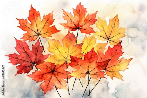Autumn maple leaves in a watercolor style. Watercolor drawing of autumn leaves. Generative AI