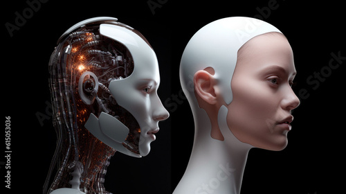 A ChatGPT concept. A human like android with the face of a human and the brain of an AI. Generative AI