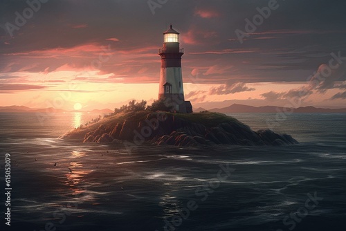 A painted illustration of a lighthouse in the evening. Generative AI