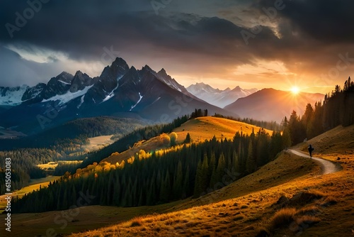  sunset in the mountains , autumn forest in the morning